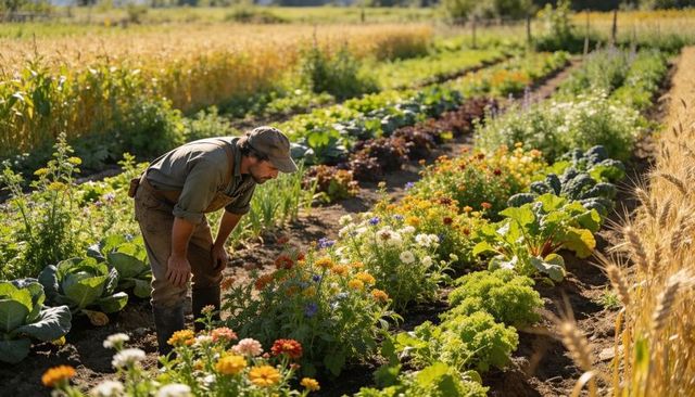 Farmer inspecting organic market garden rows with colorful flowers and vegetables