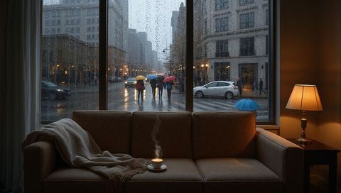 Cozy living room with steaming cup on sofa and rainy city street through large window