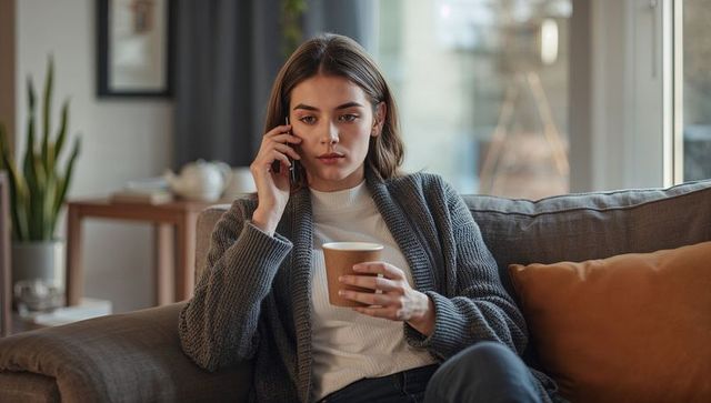Young woman talking on phone while holding coffee cup on sofa in cozy modern living room