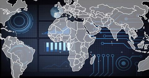Futuristic Global Data Dashboard Displaying Digital World Map HUD Overlay and Analytics