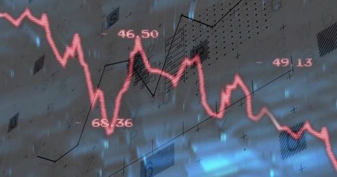 Jagged red line oscillating across digital market dashboard with neon blue overlay