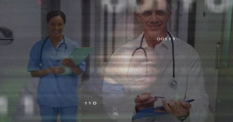 Doctor Writing on Clipboard While Nurse Holding Chart in Corridor with Digital Glitch Overlay