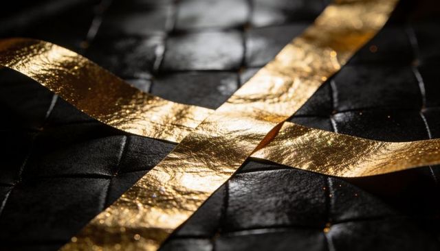 Gold foil ribbons crossing black quilted leather texture luxury abstract macro