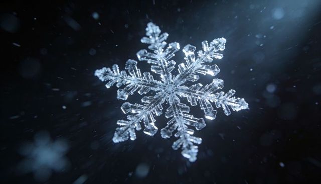 Macro hexagonal snowflake drifting through blue night light with frosty crystal detail