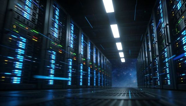 Futuristic data center corridor showing glowing server racks, blue leds and motion streaks