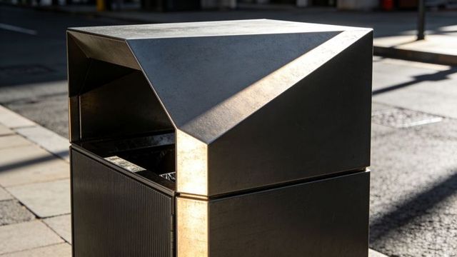 Urban steel trash receptacle catching sunlight on city sidewalk with weathered patina