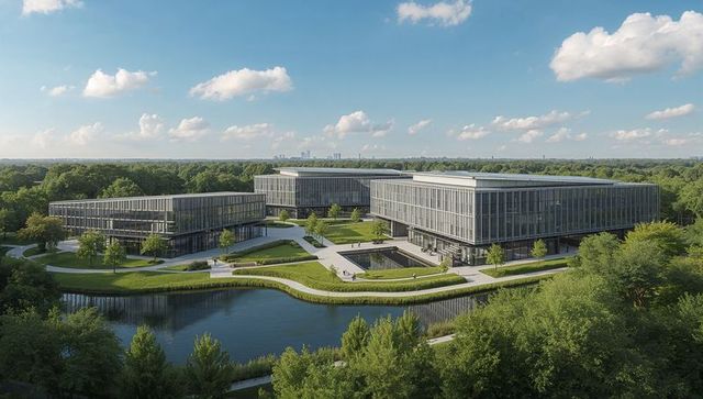 Modern glass office campus featuring reflecting pool, parkland walkways and waterfront views