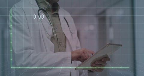 Doctor tapping tablet with digital HUD grid overlay in hospital corridor