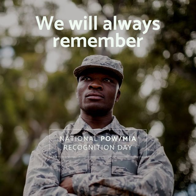 Animation of national pow mia recognition day text over african american soldier. National pow mia recognition day and celebration concept digitally generated image.