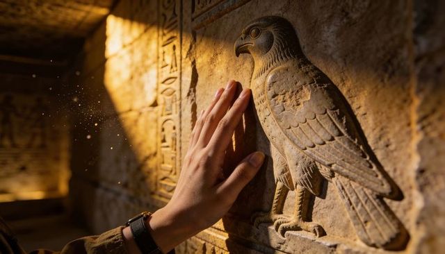 Traveler tracing falcon relief on ancient egyptian temple wall at golden sunset light