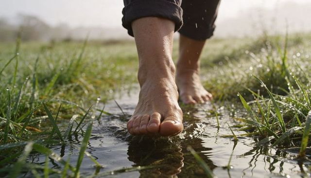 Bare feet walking through dewy puddle on grassy path at sunrise, grounding, mindful morning