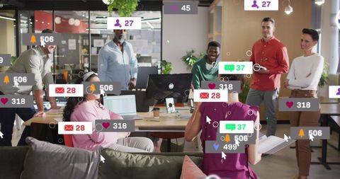 Diverse Team Managing Social Media Data in Modern Office