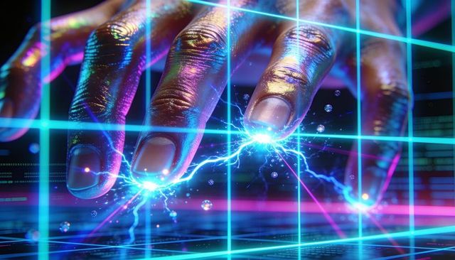 Metallic hand activating neon grid with electric arcs and holographic interface control