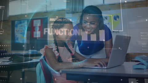 Teacher Helping Student with Laptop in Futuristic Data Overlay