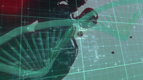 Futuristic DNA Strand with Abstract Digital Overlay