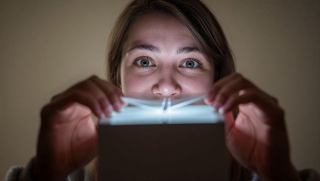 Woman unboxing surprising light source in dark room