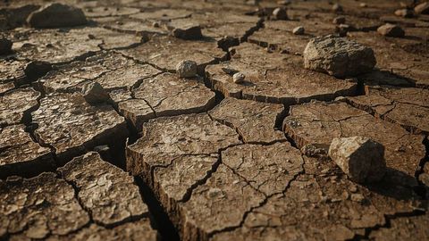 Cracked desert earth with scattered rocks in an earthquake