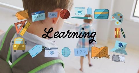 Learning Banner with School Icons and Diverse Schoolchildren Background