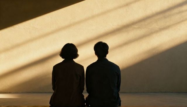 Minimalist duo sitting on bench facing sunlit wall with dramatic diagonal shadow bands