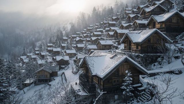 Snow-covered wooden chalets cascading down misty alpine hillside, terraced mountain village at dawn