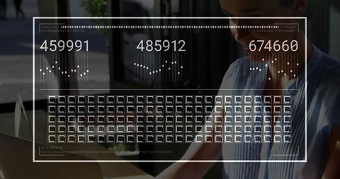 Businesswoman typing on laptop with futuristic HUD dashboard and analytics overlay