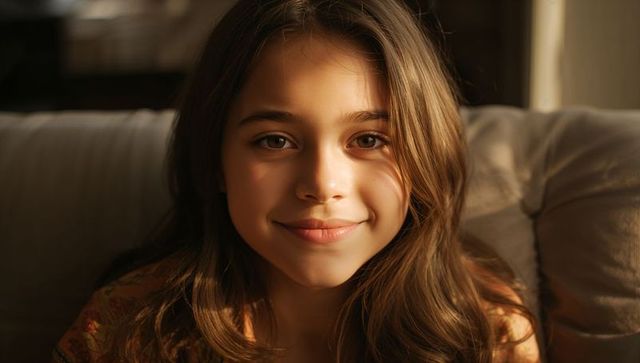 Sunlit portrait of teen girl on sofa smiling in warm window light, closeup, natural