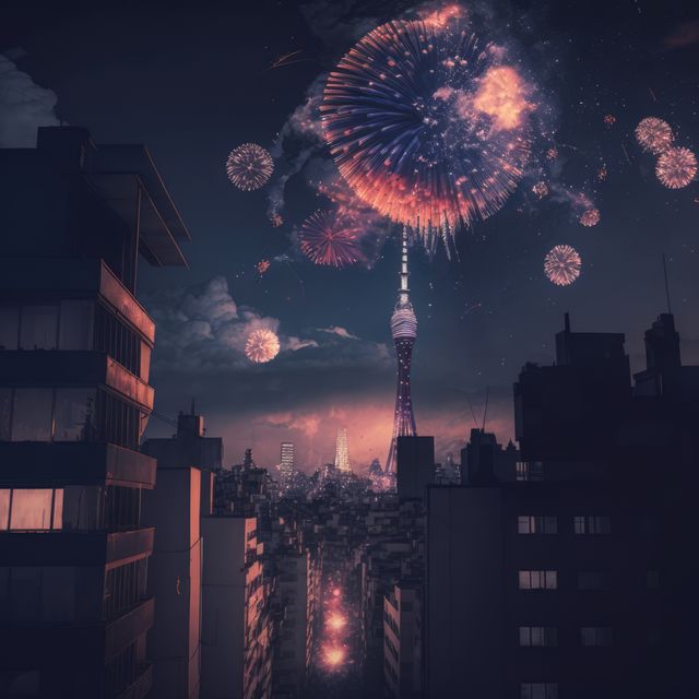 Fireworks exploding over cityscape, created using generative ai technology. New year's eve and celebration concept digitally generated image.