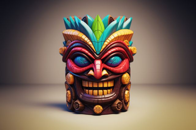 Colourful tiki mask on beige background, created using generative ai technology. Culture, tradition, decoration, pattern and colour concept digitally generated image.