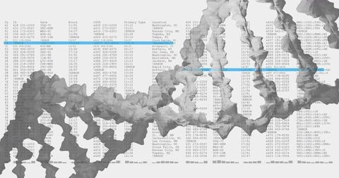 Abstract 3d data ribbons weaving over monospaced data sheet with cyan highlight bars