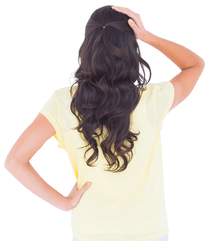 Woman with Lush Brunette Curls Seen from Behind Transparent Background