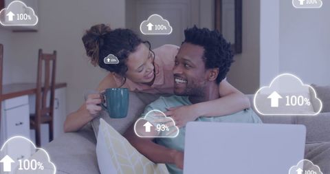 happy couple relaxing with laptop and digital cloud display - Download Free Stock Images Pikwizard.com