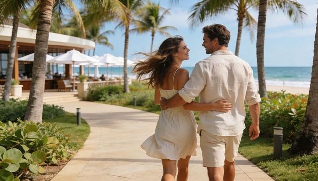 Couple walking arm-in-arm along sunlit tropical resort walkway with palms and ocean