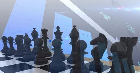 Glossy black chess pieces reflecting holographic data on modern glass chessboard