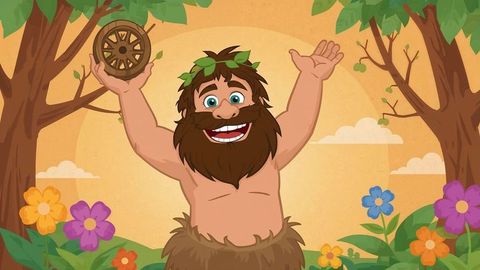 Cheerful caveman icon holding primitive wheel amidst nature