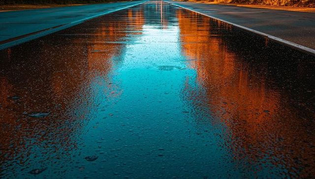 Glistening road reflecting autumn trees on scenic highway