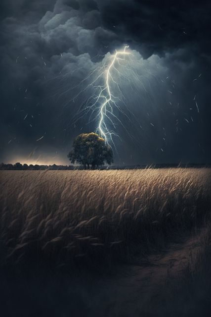 Dramatic Lightning Strike in Stormy Night Over Wheat Field - Download Free Stock Images Pikwizard.com