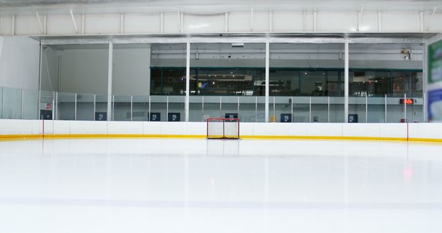 General view of ice hockey rink with goal and copy space. Ice hockey, sport and competition concept.