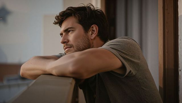 Contemplative young man leaning on balcony railing gazing into distance warm sunlight