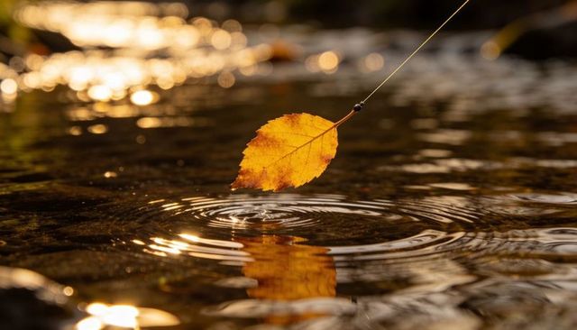 Floating amber leaf creating ripples on sunlit creek with golden reflections, autumn mood
