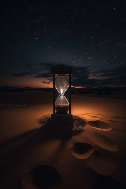 Hourglass surrounded by desert sand illuminated by faint light under a starry night sky. Ideal for concepts of time passing, solitude, or reflection. Useful for designs focusing on themes like tranquility, mysticism, or isolation during nighttime.