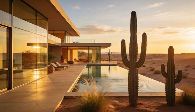 Luxury desert villa with infinity pool at sunset and saguaro cacti