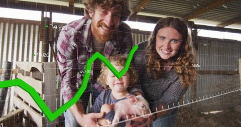 Young family cradling piglet in rustic barn with rising green farm growth graph overlay