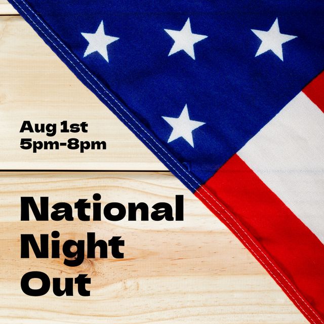 Ideal for promoting community events like National Night Out. Useful for advertisements, flyers, social media posts encouraging community spirit and local engagement. Suitable for patriotic-themed posters and announcements pertaining to August 1st celebrations.