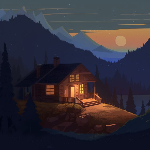 Cozy mountain cabin illuminated by warm lights under night sky with visible mountains and forest. Perfect for use in travel brochures, retreat advertisements, posters for peaceful vacation spots, serene background images for websites and social media posts celebrating nature.