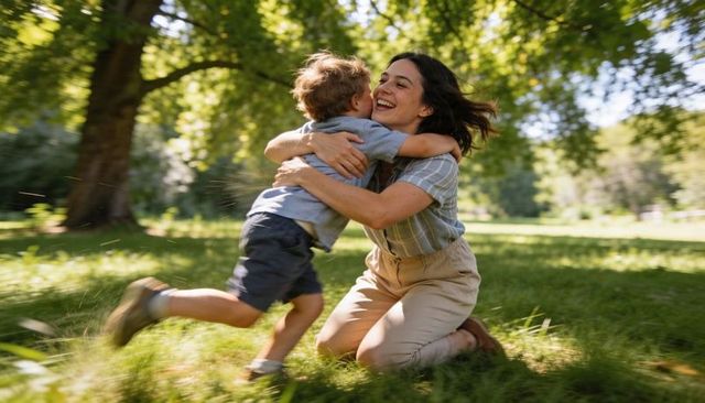 Kneeling mother embracing running son in sunlit park, playful outdoor joyful family moment, candid