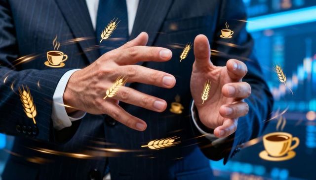 Business executive gesturing over holographic coffee and wheat icons for commodity trading