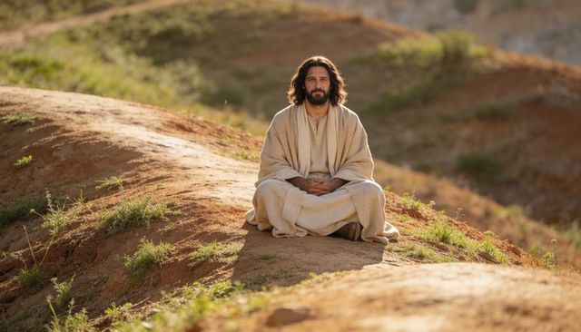 Bearded man in robes meditating on sunlit desert hill, contemplative solitude, timeless