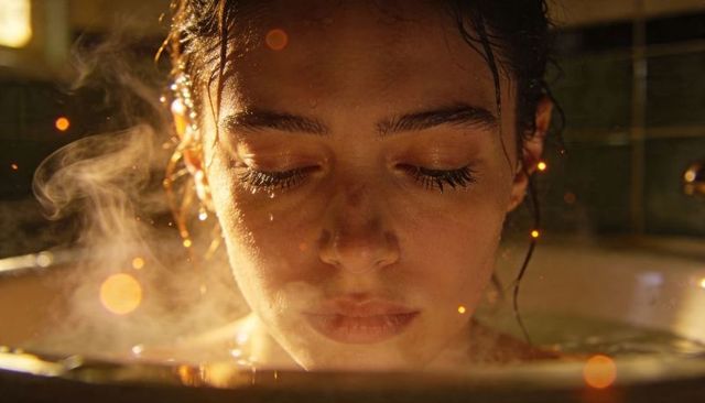 Young woman soaking in warm bath steam closeup portrait with amber glow and droplets