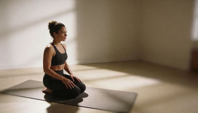Kneeling woman practicing mindful yoga in sunlit minimalist studio wearing black activewear