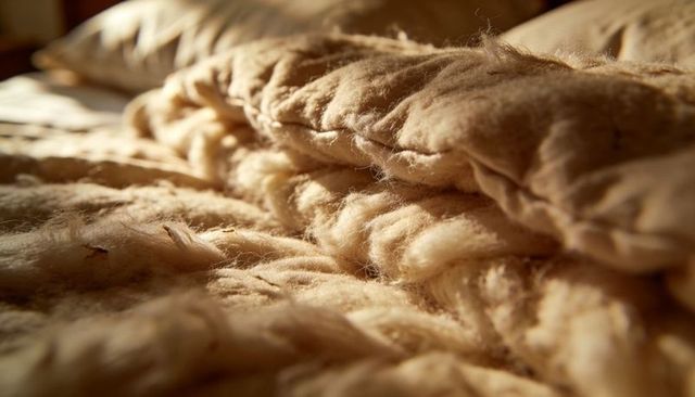 Cozy beige wool blanket closeup showing soft tufted fibers basking in warm sunlight